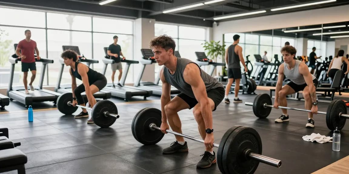 Prime Pharma Steroiden fitness scene with athletes training in a bright gym.