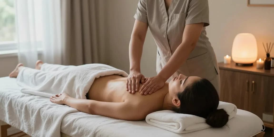 Relaxing home setting with a professional masseuse providing 동탄출장마사지, emphasizing tranquility and comfort.