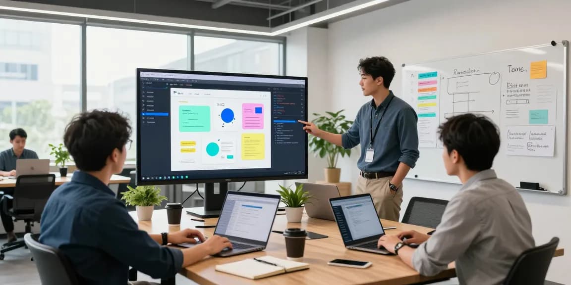 Build internal tools with AI in a collaborative tech workspace showcasing a developer and team utilizing innovative software.