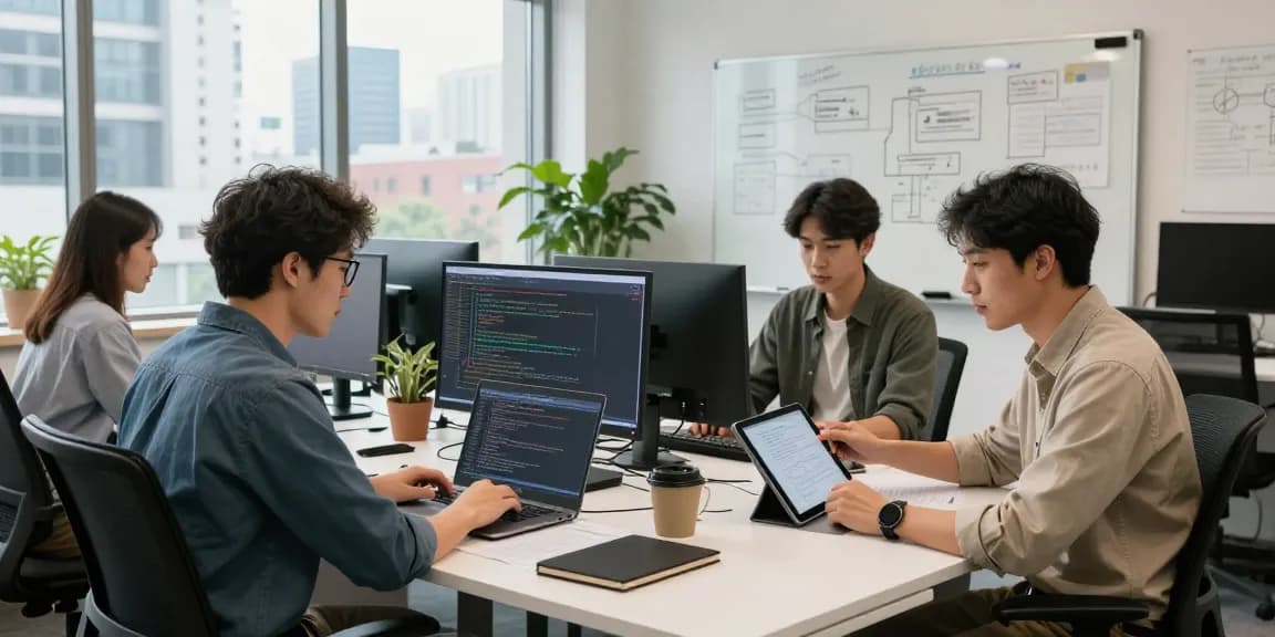 Download WPS Office in a modern collaborative tech workspace with engineers coding and discussing.