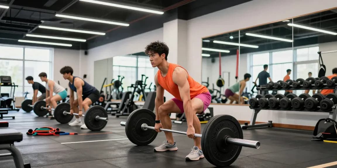 Atleet in Unique Pharma Shop, deadlift oefening in moderne gym met energieke sfeer en fitnessapparatuur.