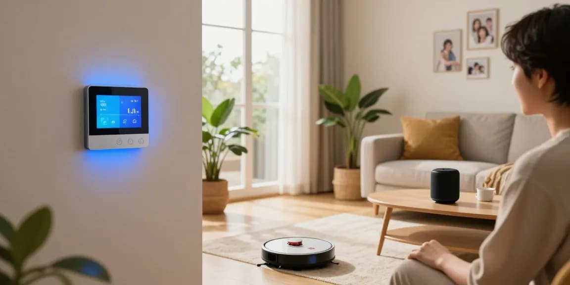 Cozy living room showcasing smart home gadgets like a thermostat, smart lights, and a robotic vacuum for modern living.