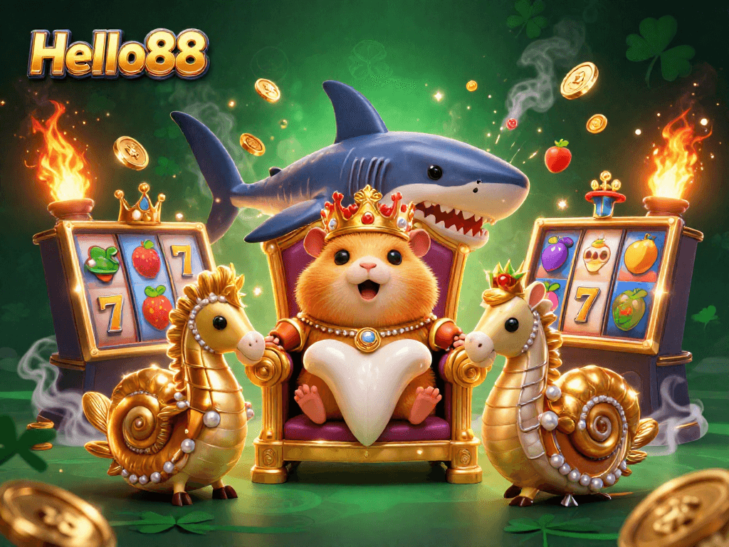 Engage with the vibrant Hello88 casino adventure featuring a golden hamster king amid slot machines and seahorse guards.