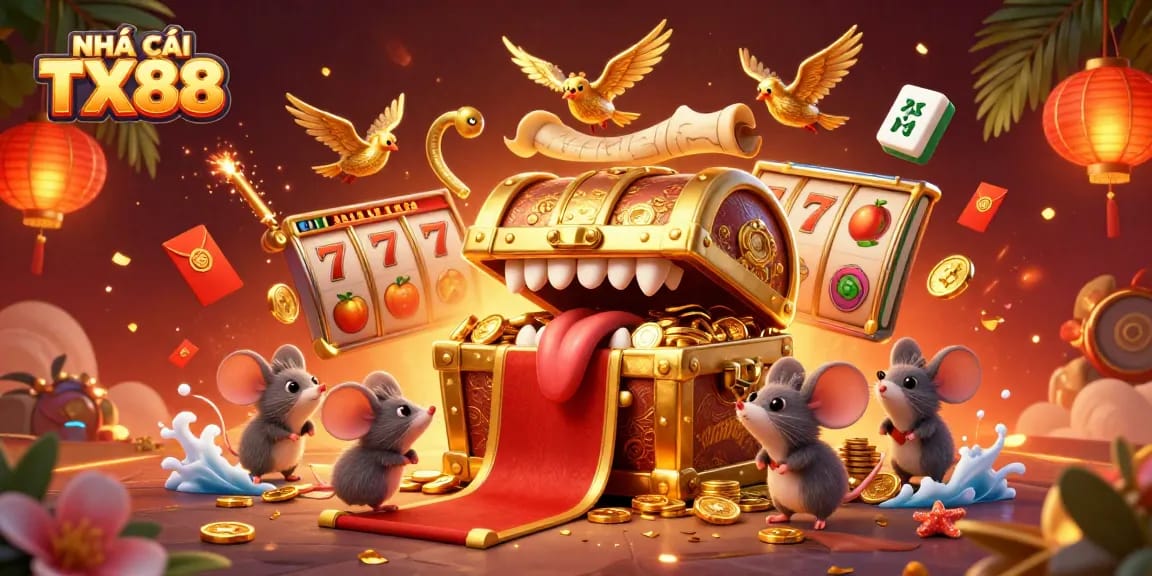 Engage with NHÀ CÁI TX88's vibrant gaming experience featuring dynamic slot reels and rich casino elements.