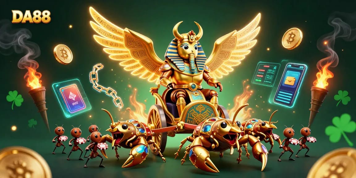 Engage with DA88's thrilling casino experience amid golden characters and crypto elements.