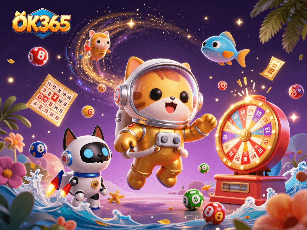 Engaging players at OK365 with immersive gaming experiences, lottery balls bouncing around a cosmic scene.