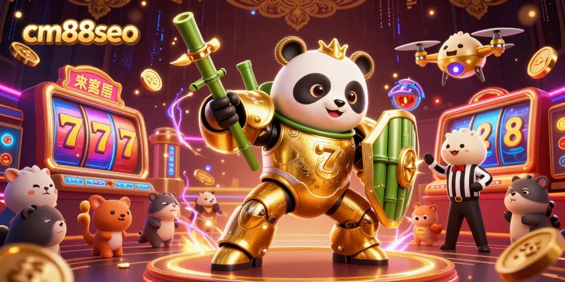 Engage with cm88seo's thrilling casino scene featuring a mech-suit panda amid vibrant slots and arcade action.