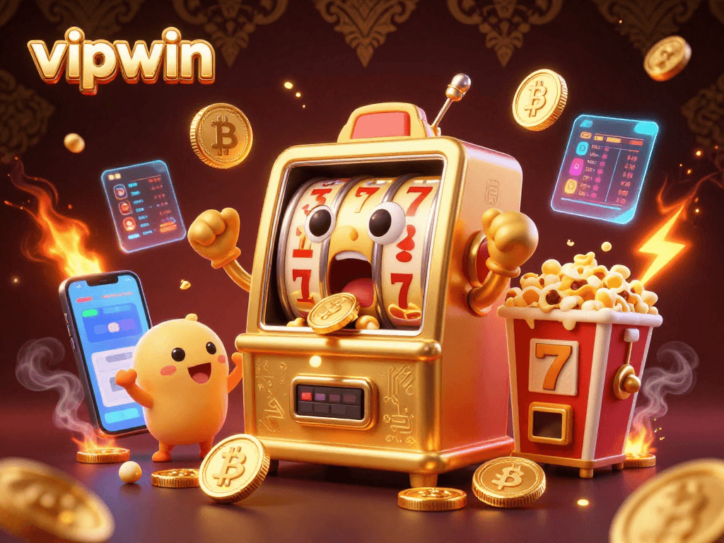 Win big at vipwin as a cartoon slot machine hits a jackpot, surrounded by crypto elements.