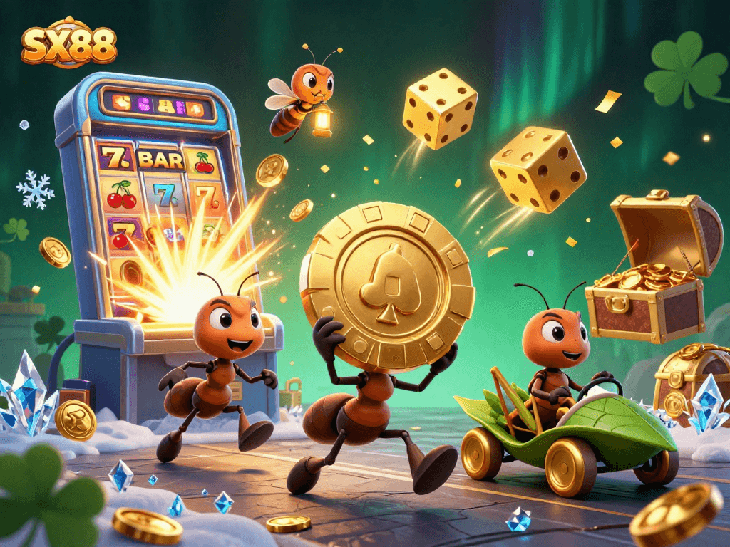 SX88 ants execute a heist, bringing luck with golden poker chips amidst dynamic casino elements.