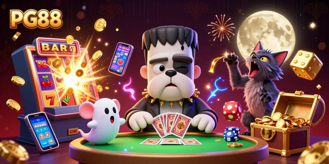 PG88 showcases a dynamic casino scene with characters engaging in gaming, rich details in a thrilling atmosphere.