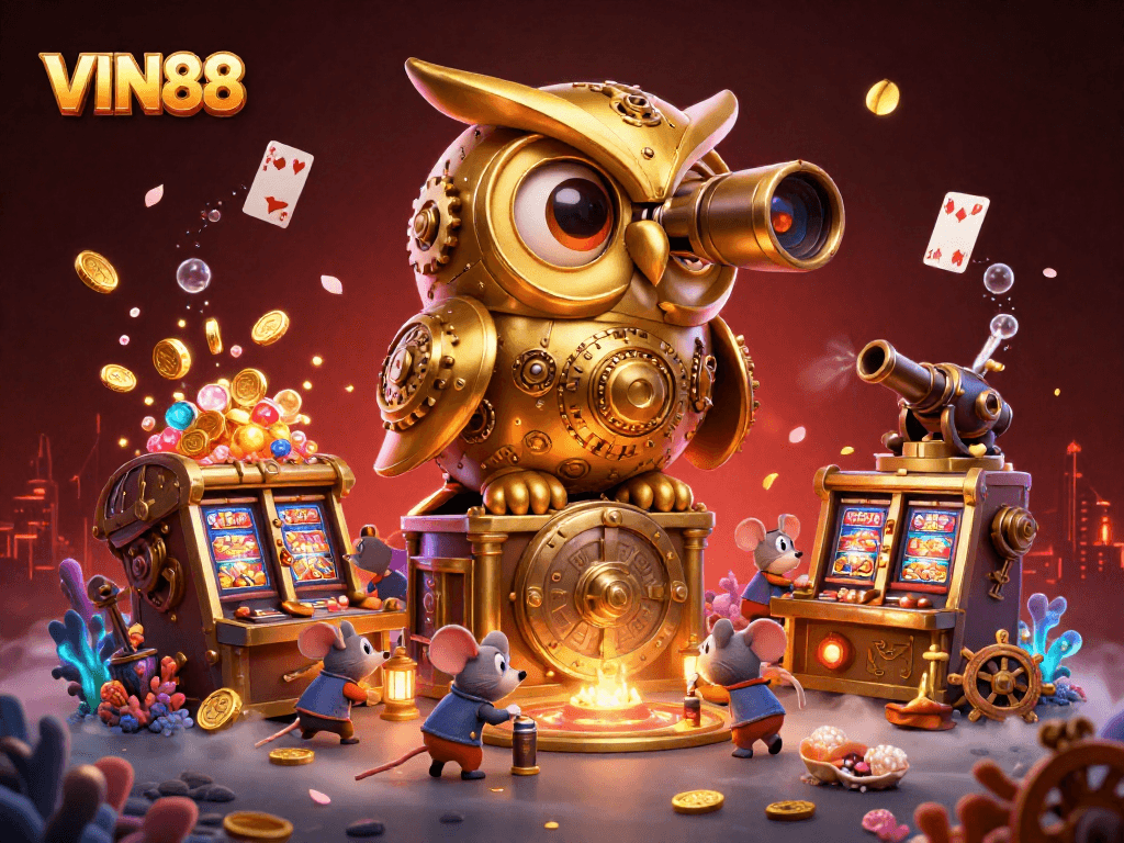 Experience thrilling gameplay at VIN88 with golden owl surveying the bustling casino floor.