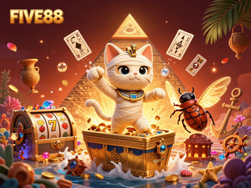 Experience thrilling adventures with the FIVE88 mummy cat at the pyramid casino while playing slots!