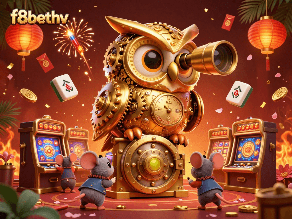 Experience the vibrant F8BET gaming world through an intricately detailed 3D illustration of a golden owl examining bustling casino action.