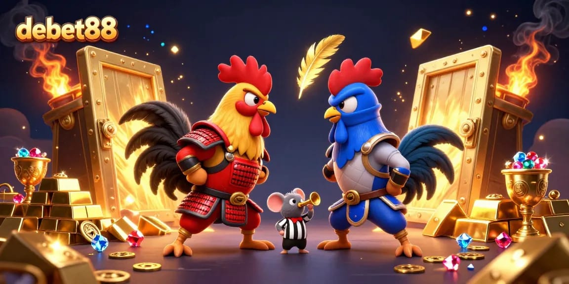 Experience the intense debet88 showdown of cartoon roosters in a dazzling casino battle.