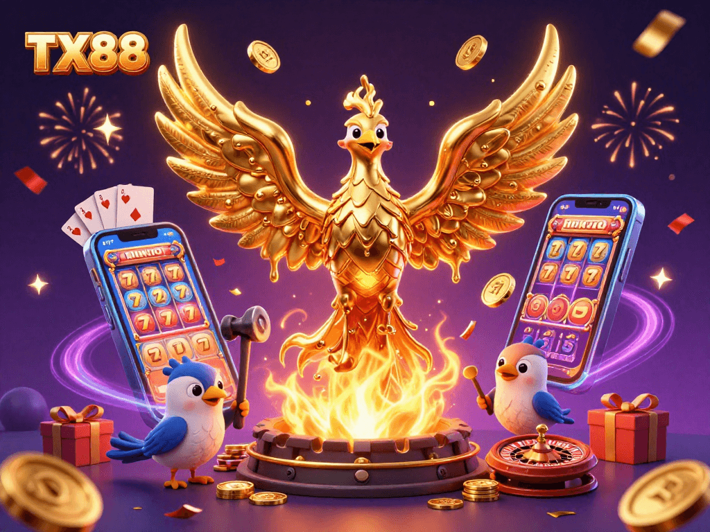 Engage in thrilling gameplay with TX88's golden phoenix and exciting casino elements.