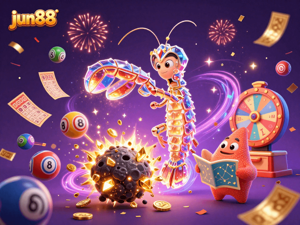 Engage in thrilling gameplay with jun88 featuring a galactic samurai and starfish amid lottery excitement.