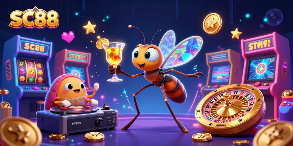 Engage with SC88's dazzling casino scene featuring vibrant characters and lively gaming elements.