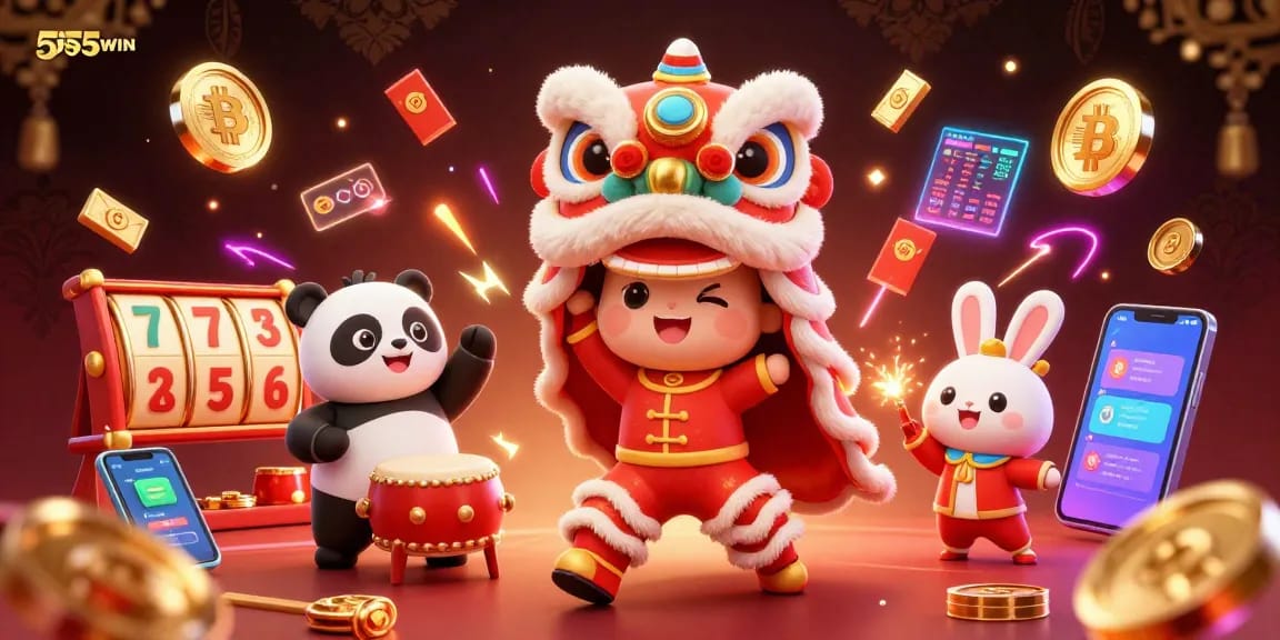 Experience the excitement of 555WIN with a lively lion dance illustration surrounded by slot reels and crypto coins.