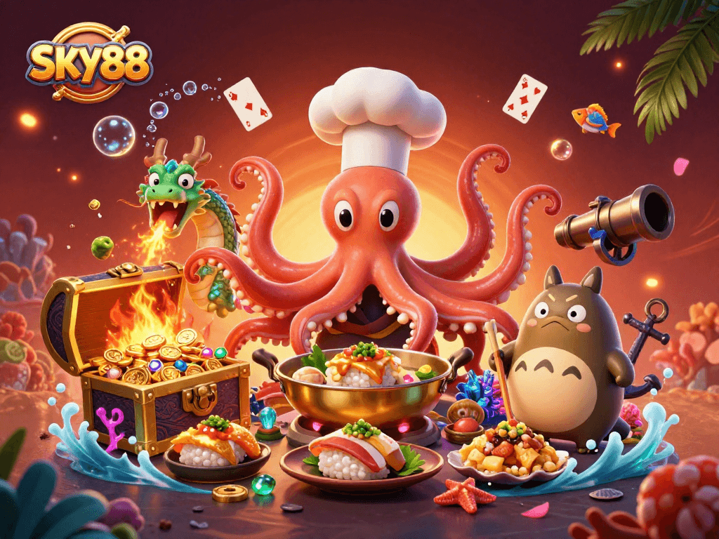 Experience thrilling casino action with SKY88 in this vibrant casino adventure illustration.