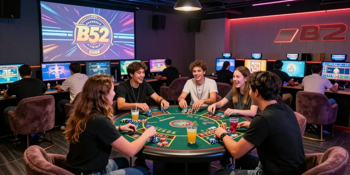 B52club gaming experience with players enjoying games and vibrant atmosphere at a modern lounge.