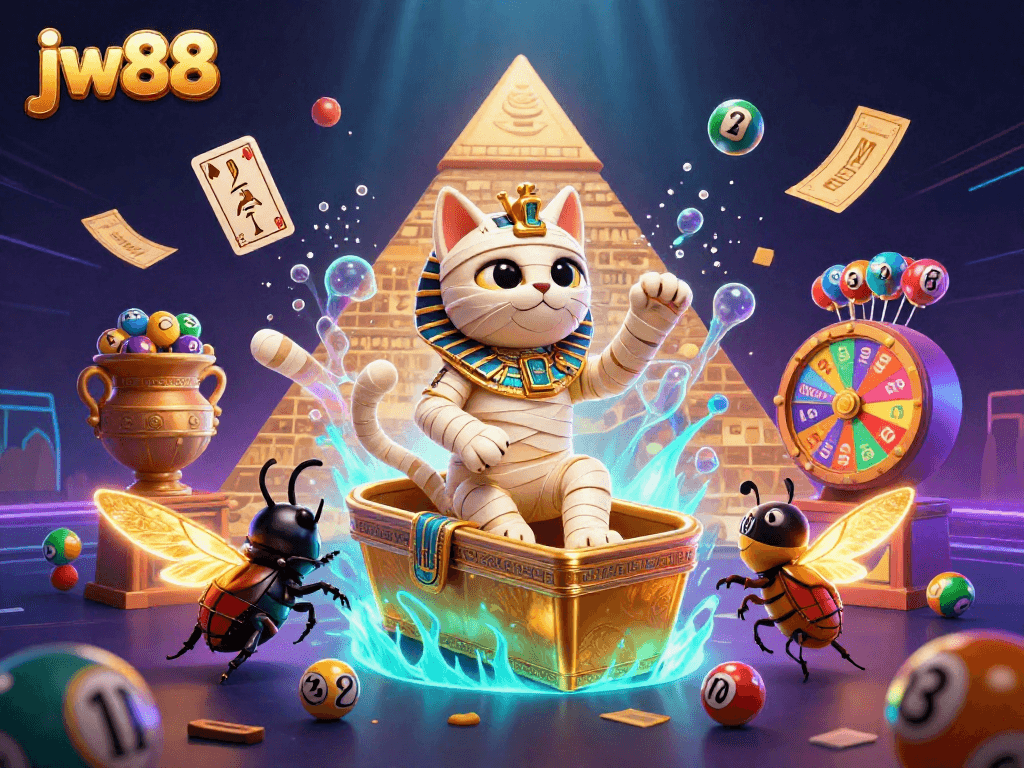 Experience excitement at jw88 with a cartoon mummy and a scarab in a vibrant casino scene.