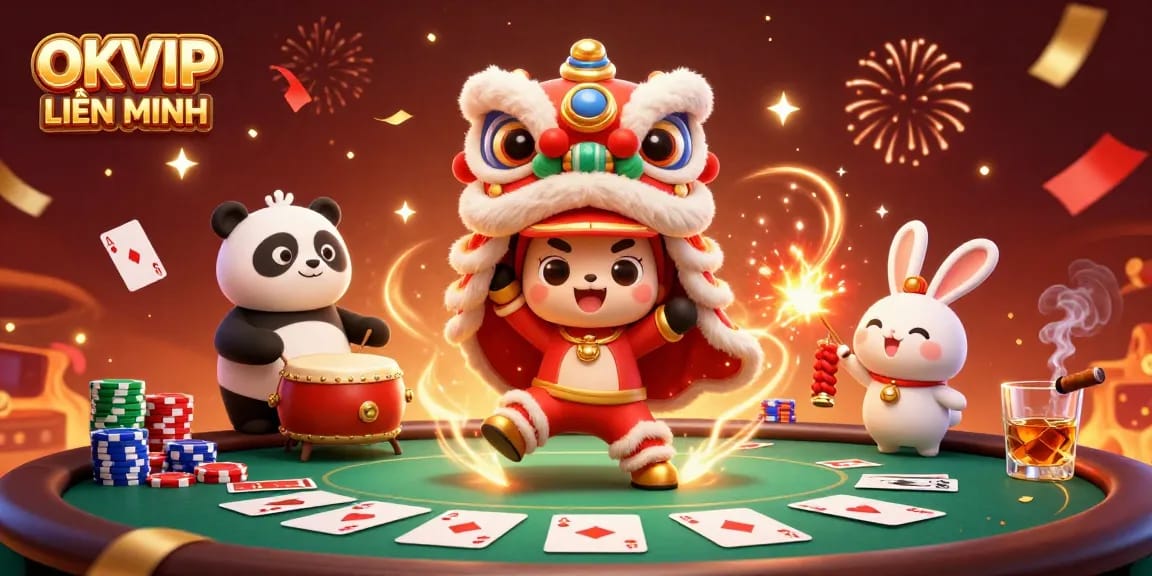 Engage with OKVIP LIÊN MINH at this vibrant 3D illustration of casino excitement.