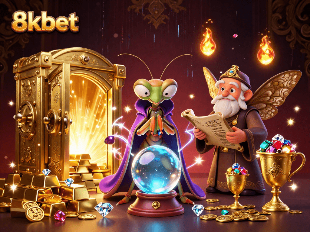 Experience the magic of 8kbet with a whimsical casino illustration showcasing fortune tellers and treasures.