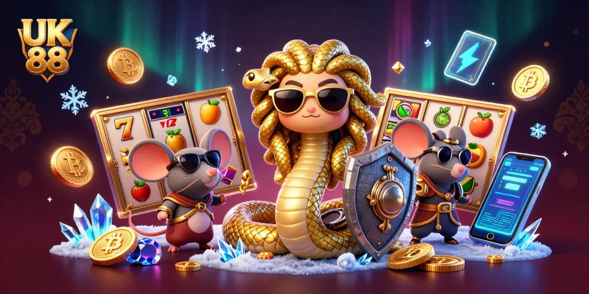 Experience the excitement of UK 88 with a vibrant slot and jackpot scene featuring unique characters and crypto elements.