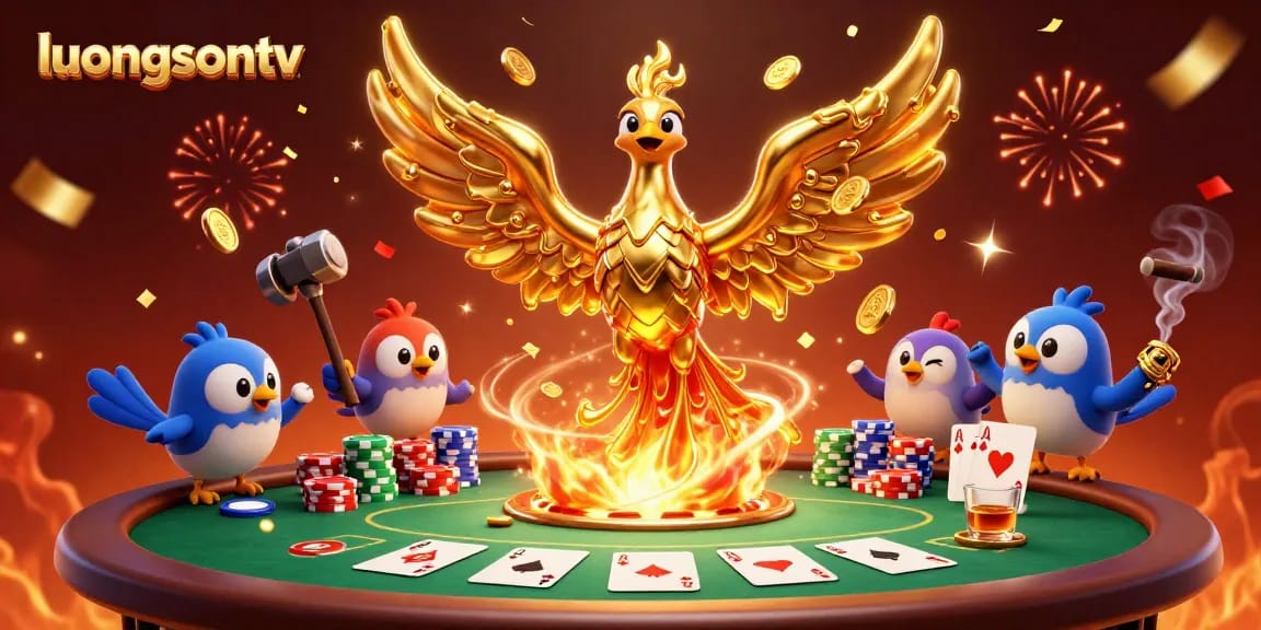 Experience thrilling gaming with luongsontv's dynamic poker scene featuring golden phoenix and assistants.