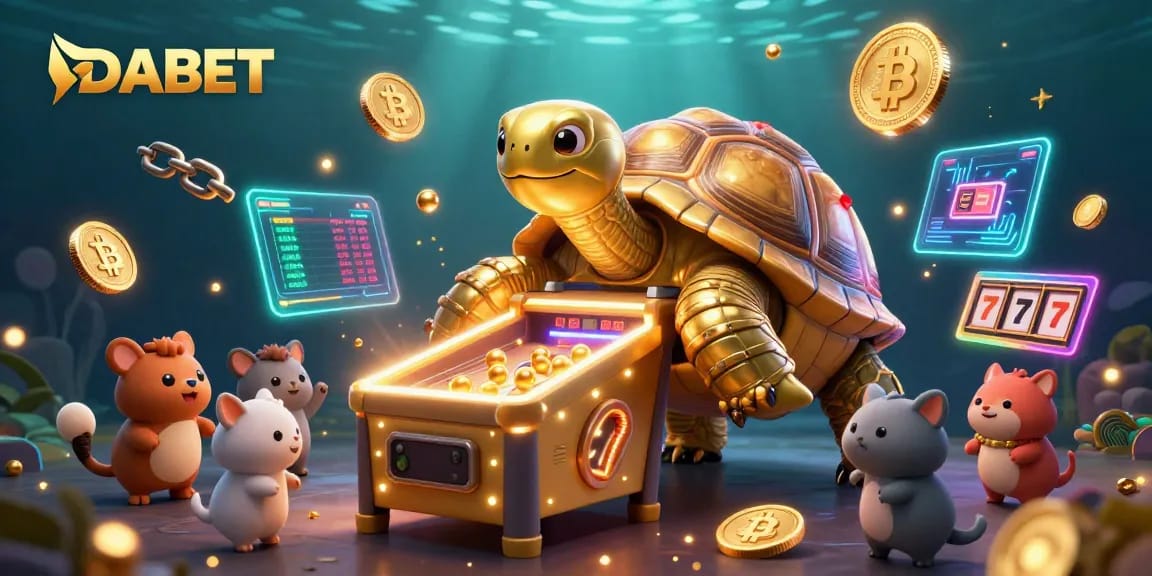 DABET entertains players with vibrant slot machines in a lively cartoon casino scene.