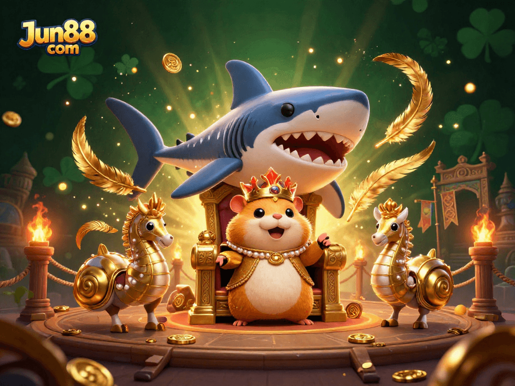 Engage with Jun88 com gaming thrills featuring a golden hamster king in a vibrant casino scene.
