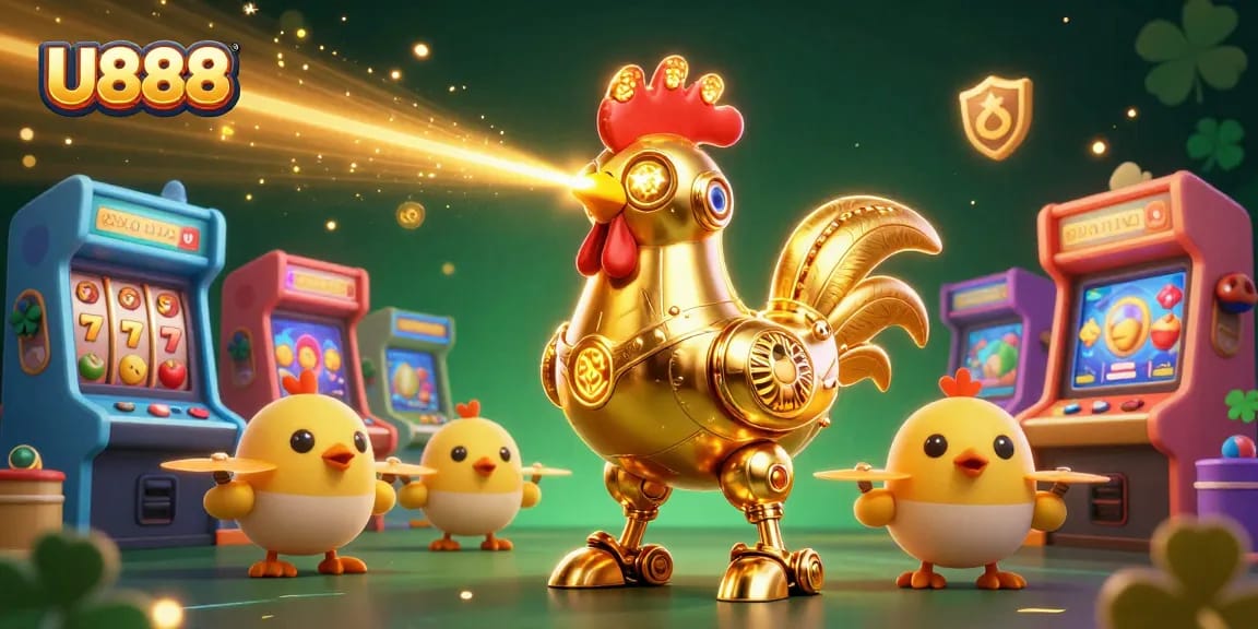Experience the thrill of U888 as the golden rooster robot engages with exciting slot game elements.