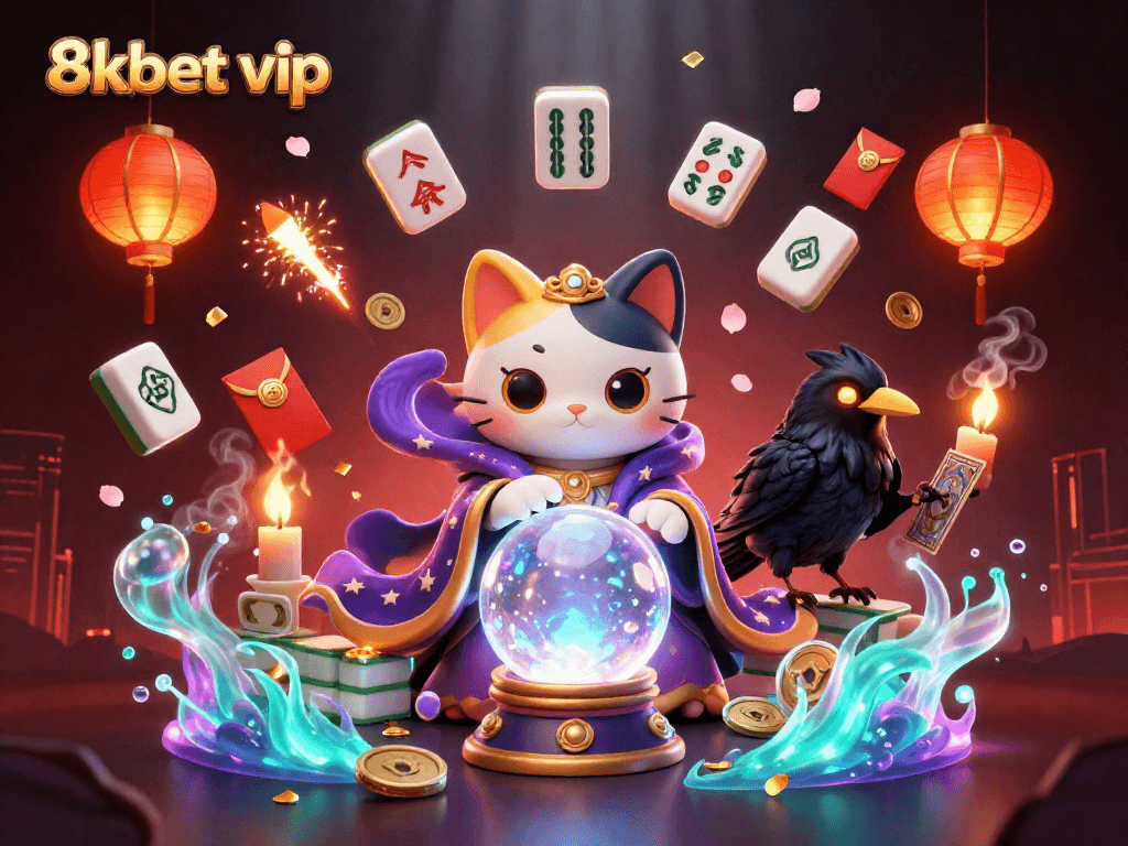 Engage in thrilling gaming at 8kbet vip, featuring a mystical cat and raven surrounded by vibrant casino elements.