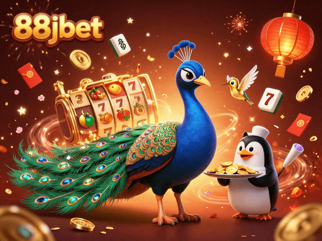 Experience the thrilling world of 88jbet with a vibrant 3D gambling illustration showcasing an aristocratic peacock and golden chips.