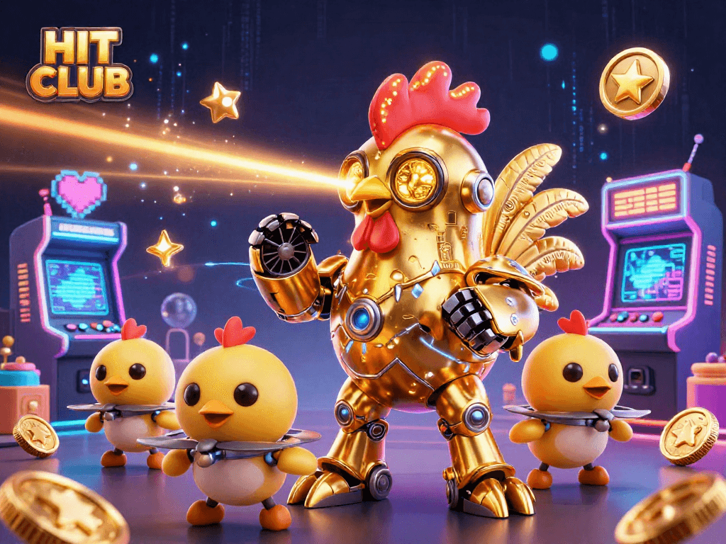 Experience the excitement of HIT CLUB with a lively 3D golden rooster robot and arcade game machines.