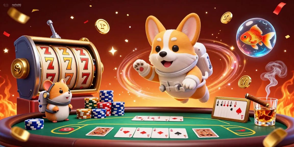 Engage with the fun slots scene featuring nohu90, a cartoon corgi in a casino bursting with energy.