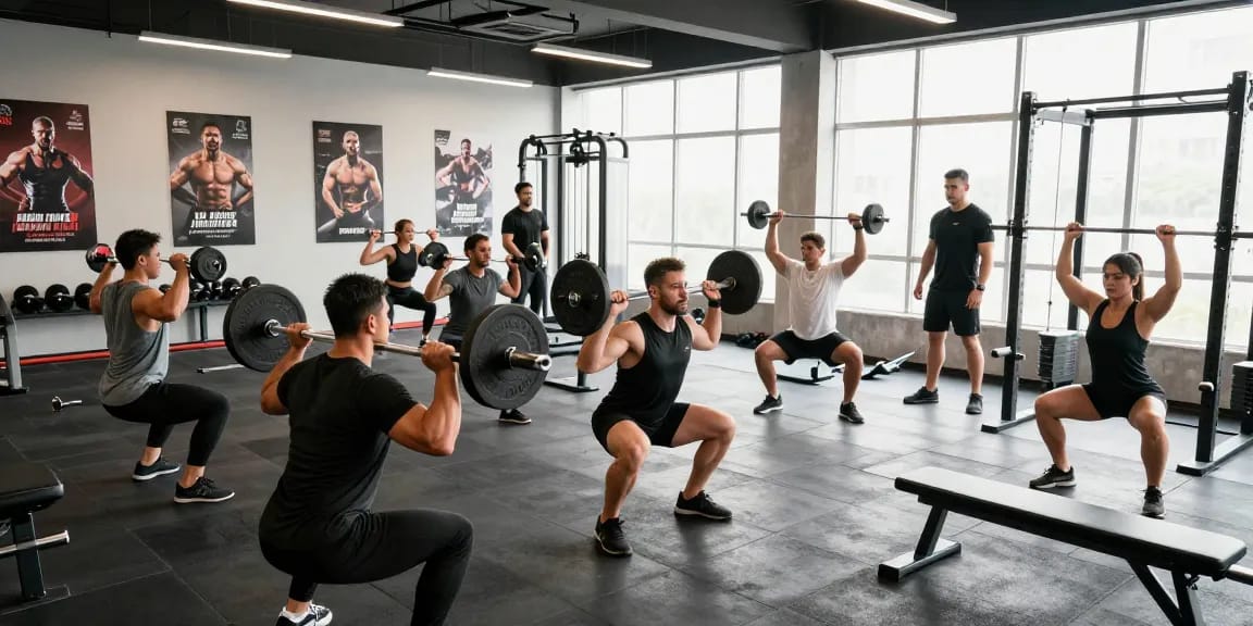Prime Pharma Steroiden Winkel: Diverse bodybuilders trainen in een moderne sportschool met gewichten en apparatuur voor spieropbouw.