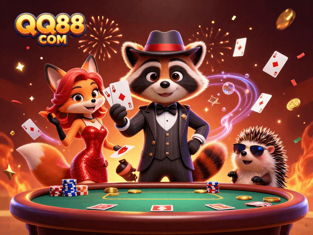 Play your hand at QQ88 COM with our charming raccoon, friendly fox, and bouncer in a festive casino scene.