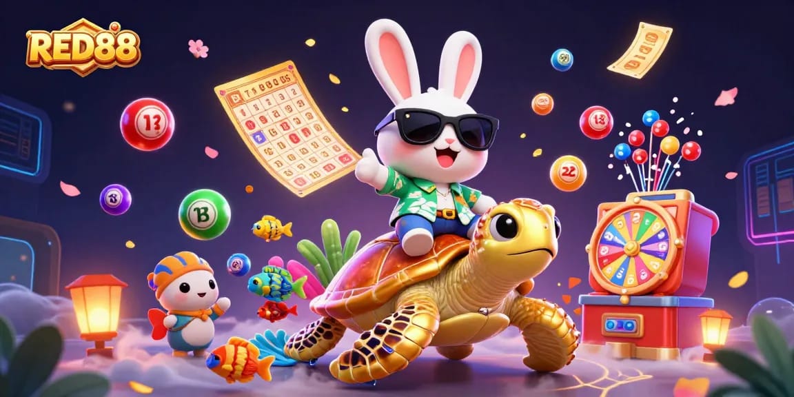 Engage with RED88's exciting gaming universe featuring a lucky rabbit and golden turtle amidst vibrant lottery elements.