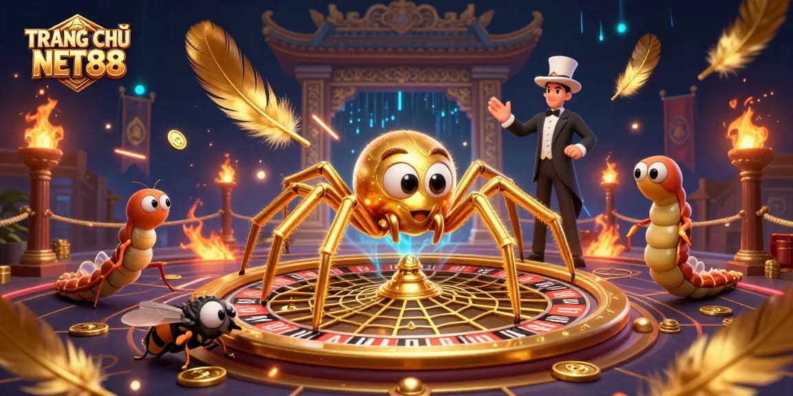 Engage in thrilling bets at TRANG CHỦ NET88 with this vibrant casino scene featuring a golden spider and croupier.