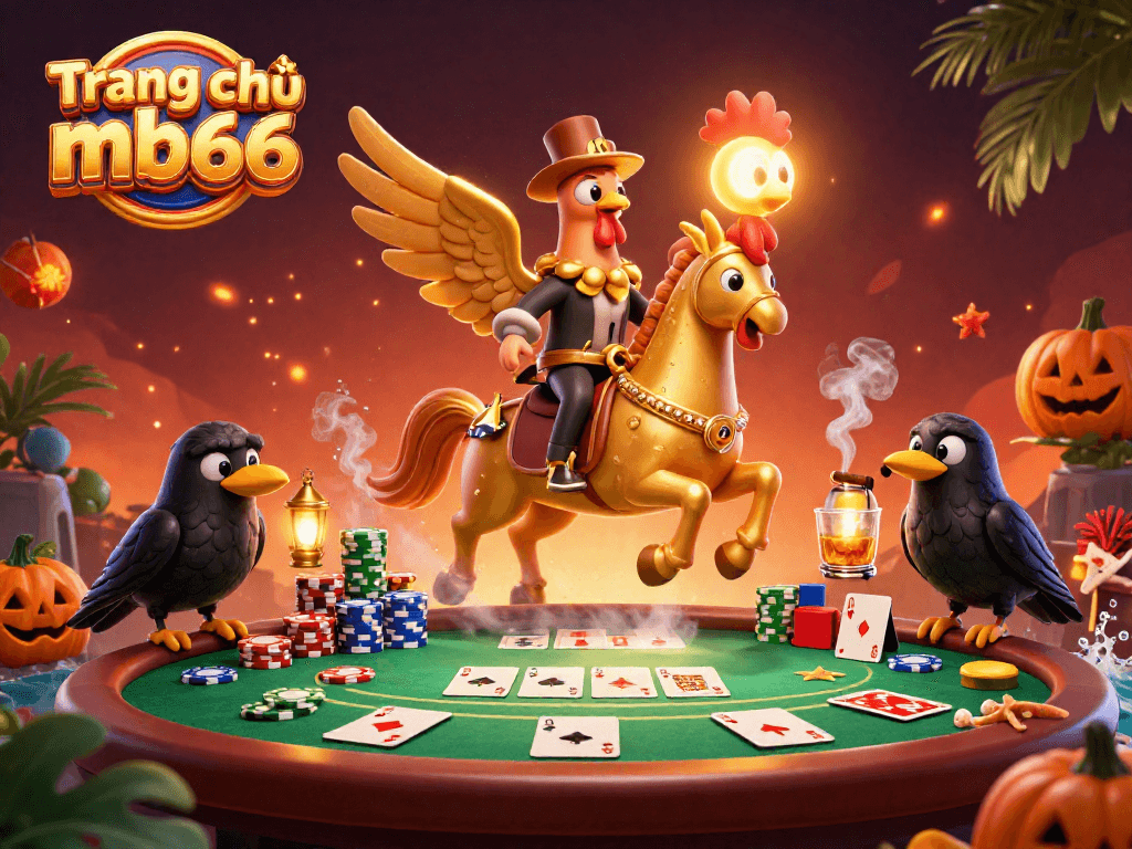 Engage with Trang chủ mb66 in this vibrant casino scene featuring a golden rooster headless horseman, poker elements, and lanterns.