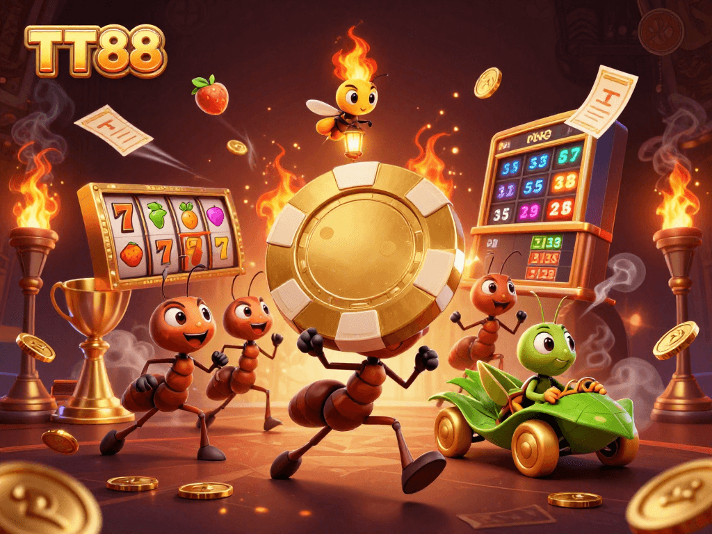 TT88 game illustration: ants stealing a giant poker chip in casino heist action.