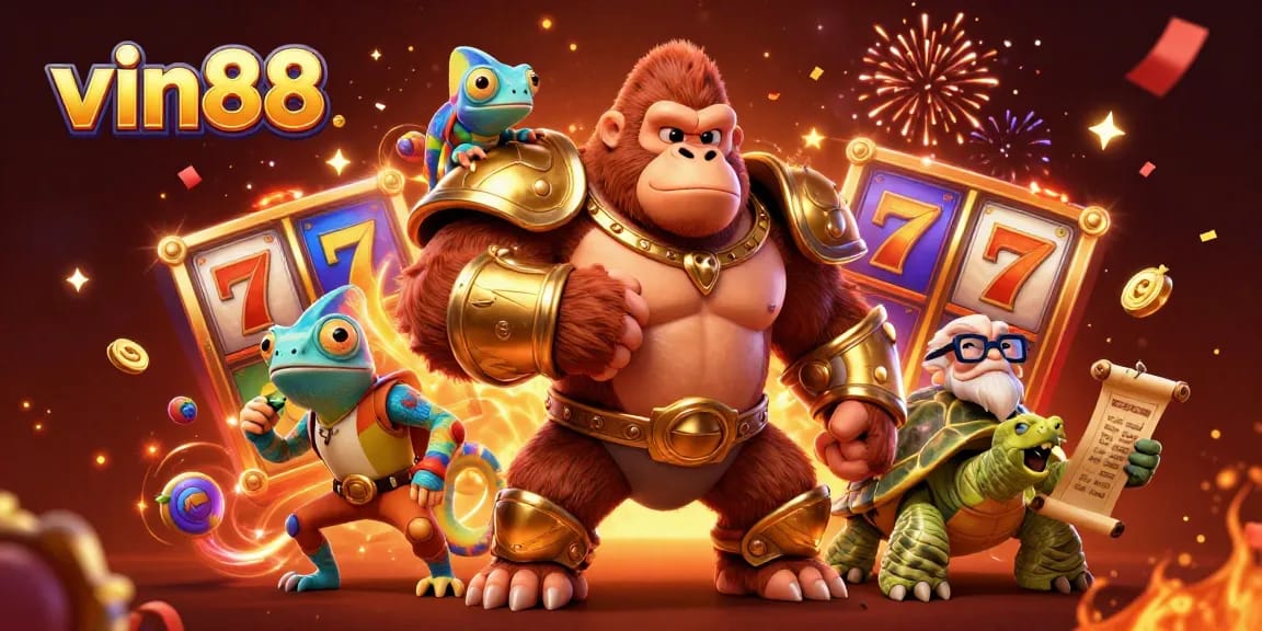 Experience the excitement of vin88 with vibrant slot reels, a gorilla king, and a colorful chameleon!