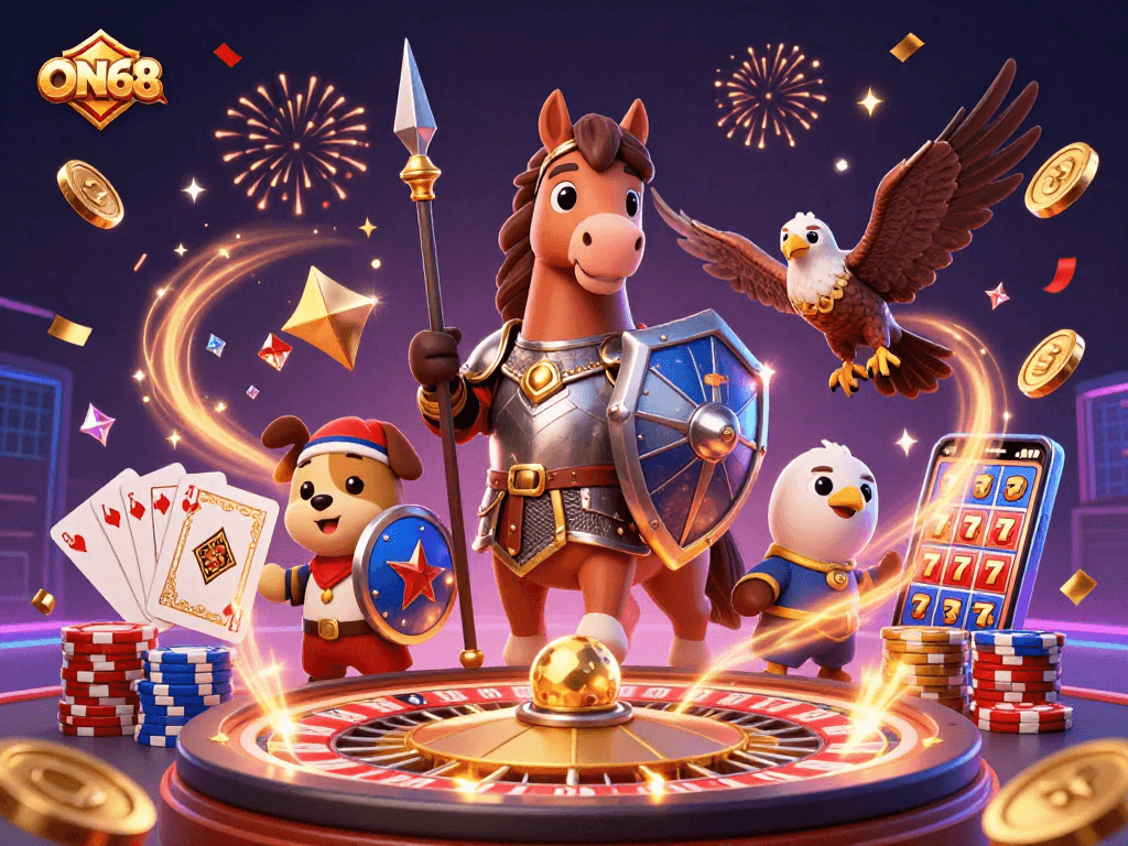 Experience ON68's thrilling games with knightly characters and dynamic casino elements!