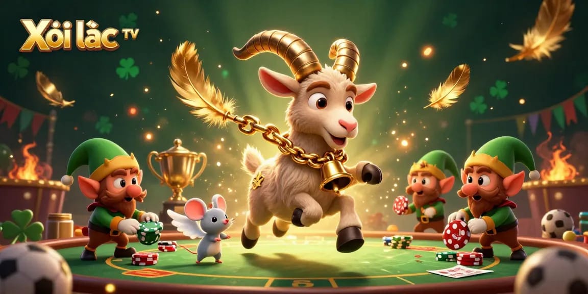 Xôi lạc TV showcases a lively sports betting scene with a Krampus goat overseeing action-packed table and lively gremlins.