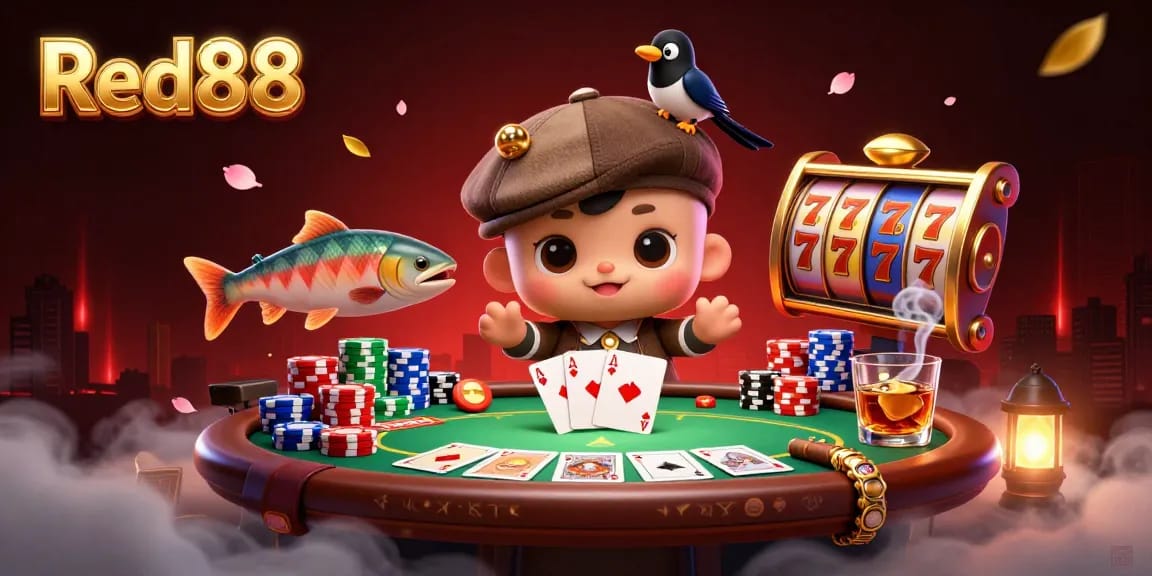 Engage with Red88’s immersive, casino-themed scene featuring playful characters and dynamic gaming elements.