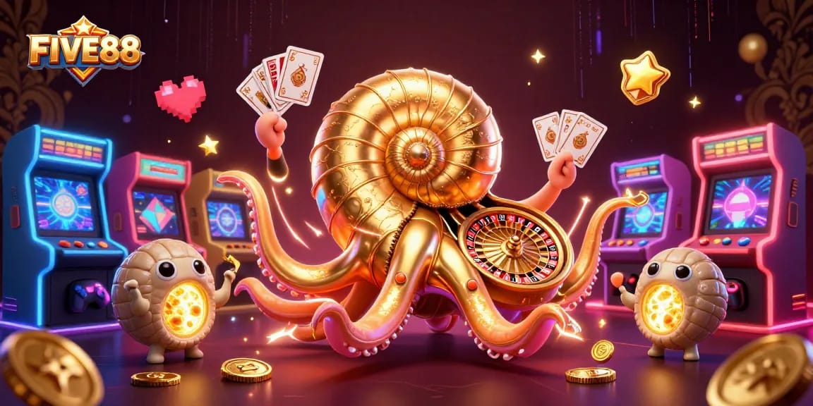 Engage with the impressive FIVE88 casino experience, featuring a nautilus roulette wheel and glowing games.