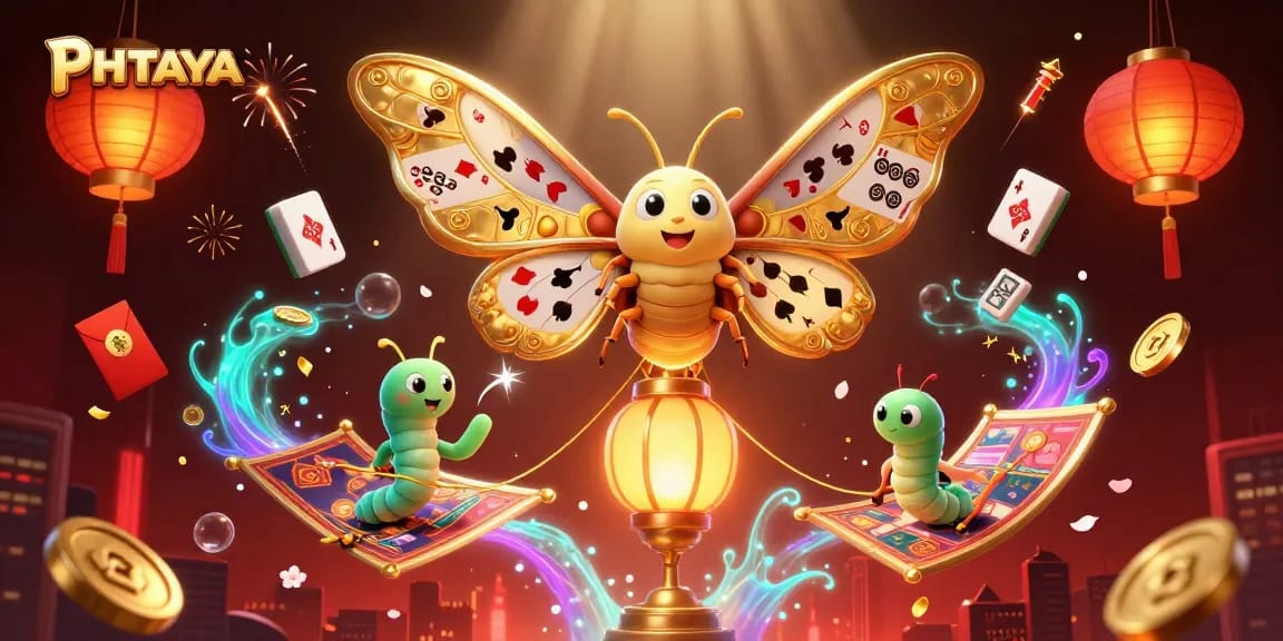 PHTAYA engages players in a vibrant 3D casino scene with golden butterflies and enchanting gaming elements.