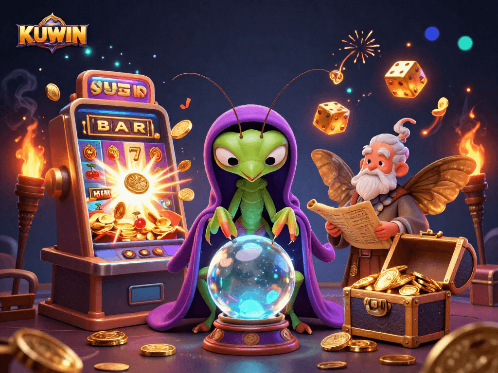 KUWIN players enjoying a vibrant casino scene with slot machines, fortune tellers, and dynamic gaming elements.
