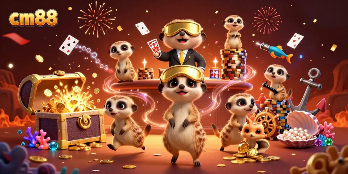 Experience the thrill at cm88 with a vibrant meerkat casino illustration featuring games and treasures galore.